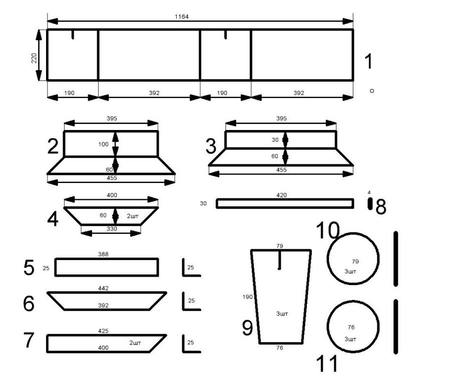 чертеж форм для шлакоблоков: 1 - матрица в развертке; 2, 3, 4 - поддоны; 5, 6, 7 - нижняя рамка матрицы делается из уголка 25х25; 8 - рейка для крепежа пустотников; 9 - пустотник; 10 - верхняя пробка пустотника; 11 - нижняя пробка пустотника